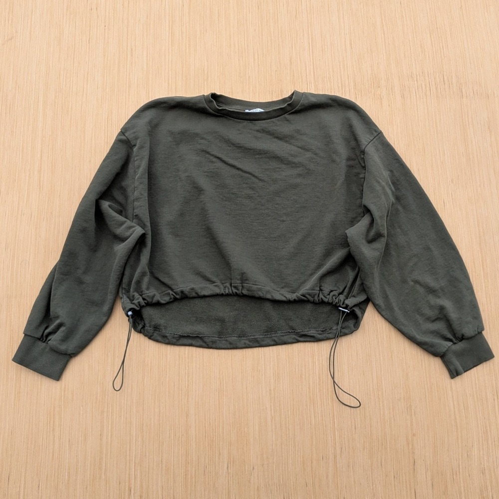Zara Trafaluc Sweatshirt Olive Green Cropped Drawstring Hem Athletic Women Large